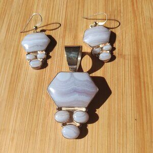 Jay King DTR mine finds blue lace agate pendant and earrings 925 Sterling Silver